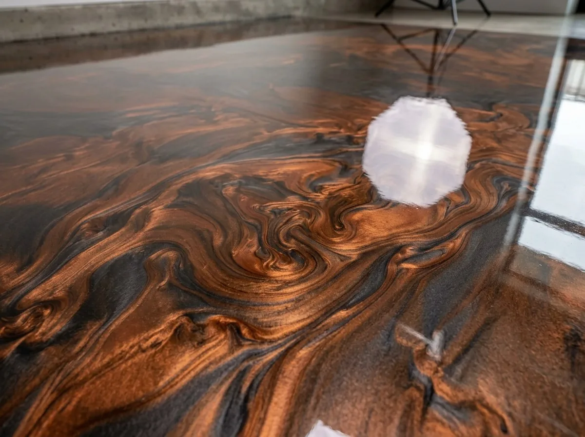 Metallic epoxy floor with marbled finish