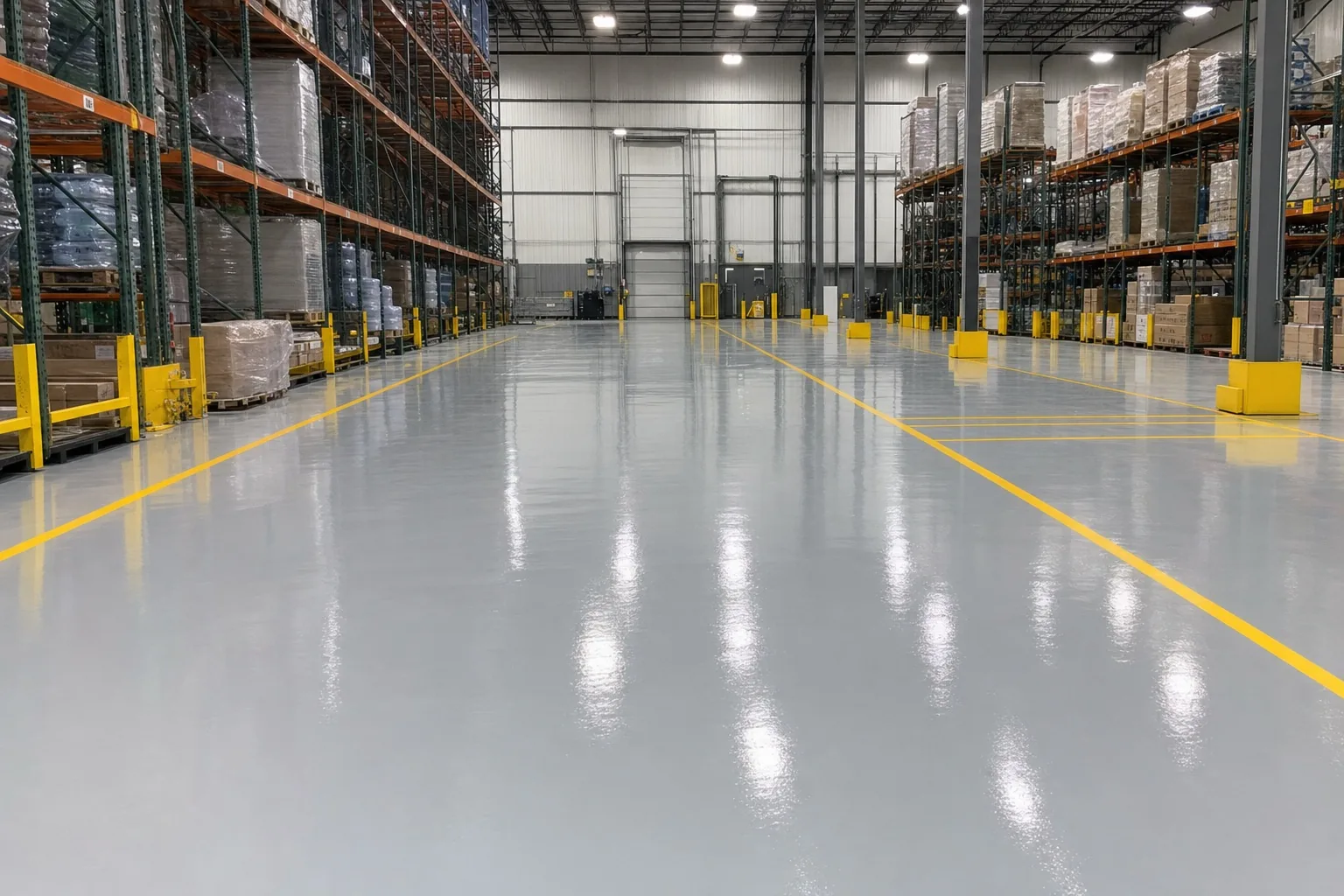 Commercial warehouse floor with light-gray industrial epoxy and yellow safety striping