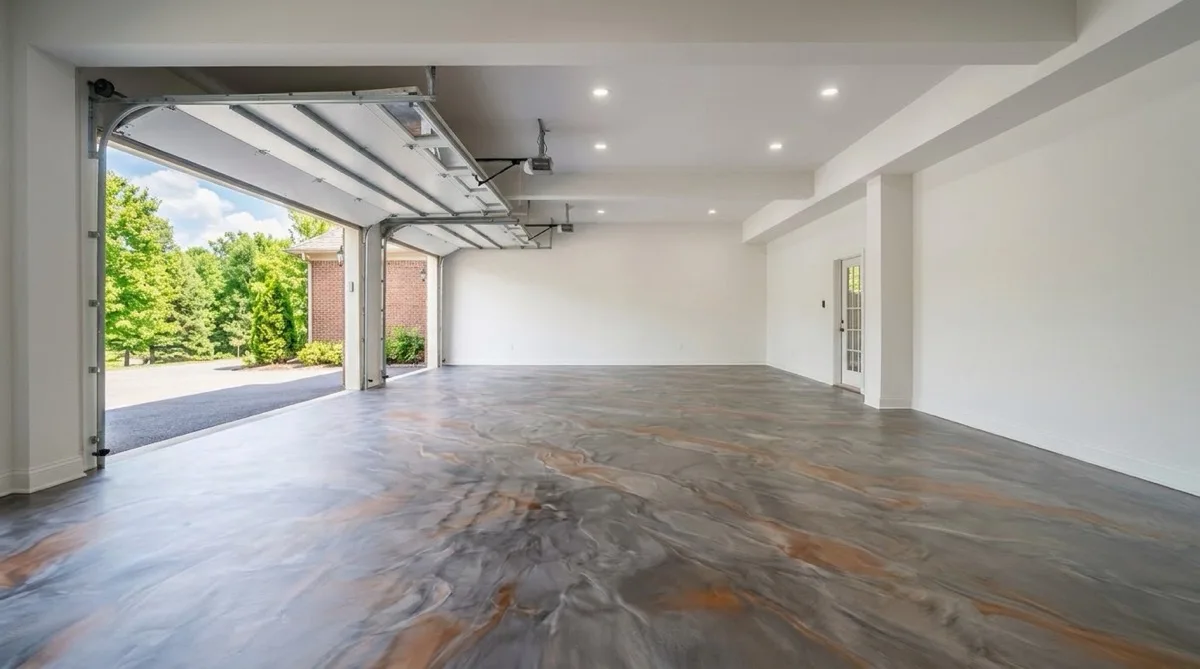 Metallic epoxy floor coating in a clean residential garage